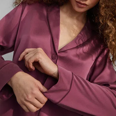 Lunya Washable Silk Piped Long Sleeve Pant Set In Winter Rose/calliope Wine