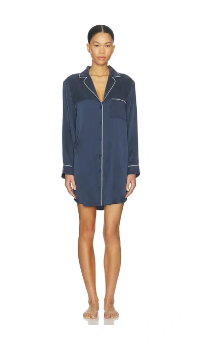Lunya Washable Silk Piped Sleep Shirt Dress In Blue