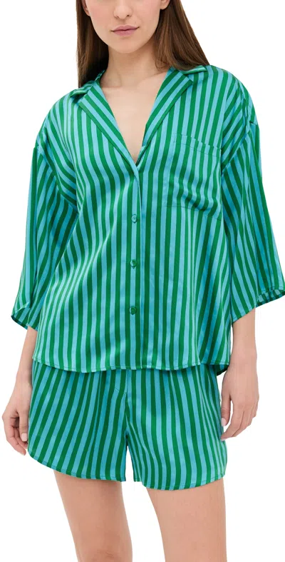 LUNYA WASHABLE SILK RELAXED BUTTON UP SHORT SET HALCYON STRIPE