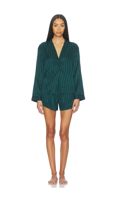Lunya Washable Silk Striped Jacquard Button Up Long Sleeve Short Set In Green