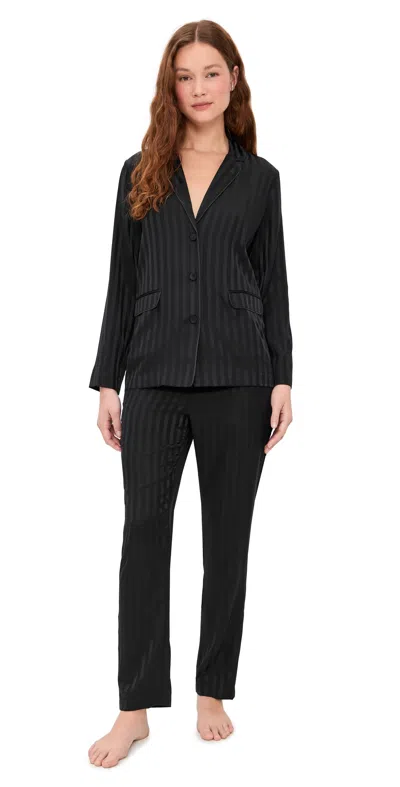 Lunya Washable Silk Striped Jacquard Tuxedo Pajama Set Immersed Black Jacquard