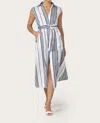 Lusana Chloe Belted Poplin Dress In Shadow Stripe In Blue
