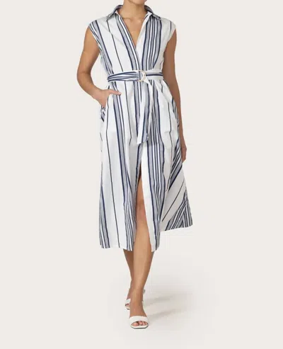 Lusana Chloe Belted Poplin Dress In Shadow Stripe In Blue