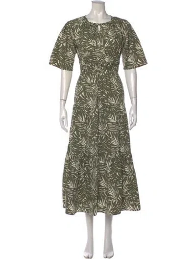 Pre-owned Lusana Floral Print Midi Length Dress In Green