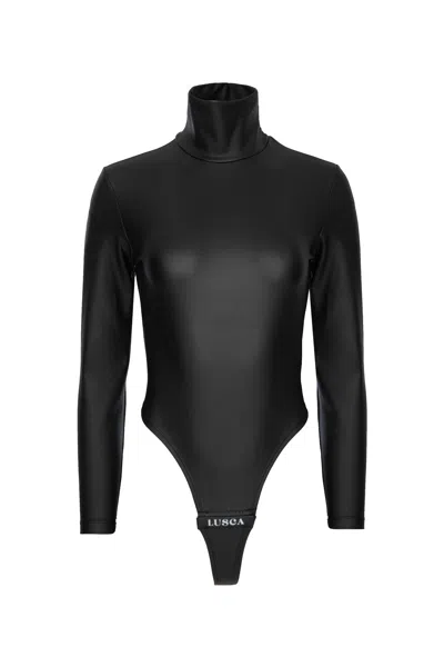 Lusca Women's Black Liah Vegan Leather Turtleneck Thong Magnetic Bodysuit