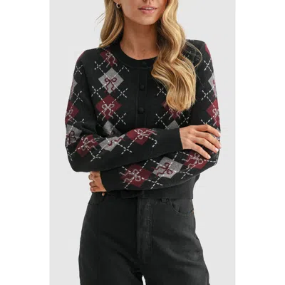 Lush Argyle Bow Cropped Cardigan In Midnight Navy