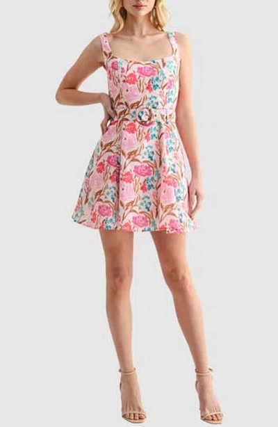 Lush Belted Fit And Flare Dress In Multi