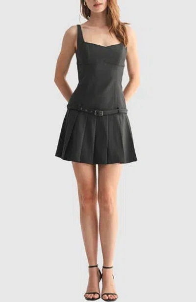 Lush Belted Pleat Minidress In Black