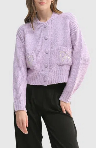 Lush Bow Embroidered Bouclé Cardigan In Purple