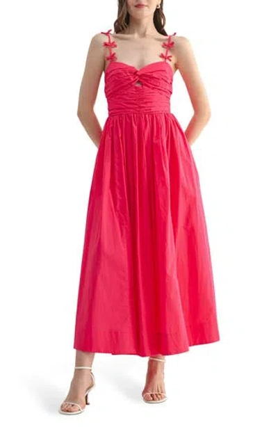 Lush Bow Strap Twist Cotton Dress In Pink