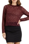 Lush Bow Textured Mock Neck Long Sleeve Mesh Top In Burgundy