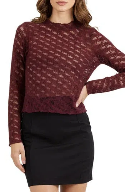 Lush Bow Textured Mock Neck Long Sleeve Mesh Top In Burgundy