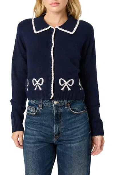 Lush Bows Collared Cardigan In Blue