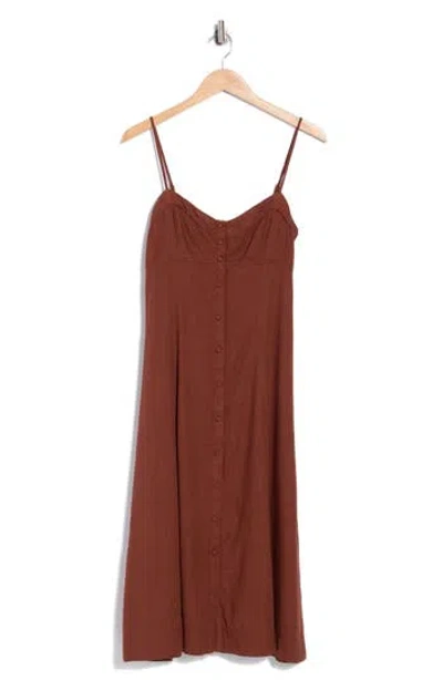Lush Button Down A-line Midi Dress In Brown