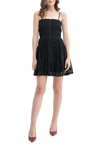 Lush Button Front Lace Fit & Flare Minidress In Black