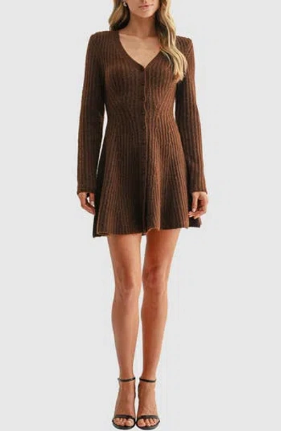 Lush Buttoned Long Sleeve Sweater Dress In Brown