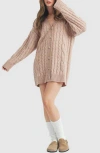 Lush Cable Knit Cardigan Sweater Dress In Brown