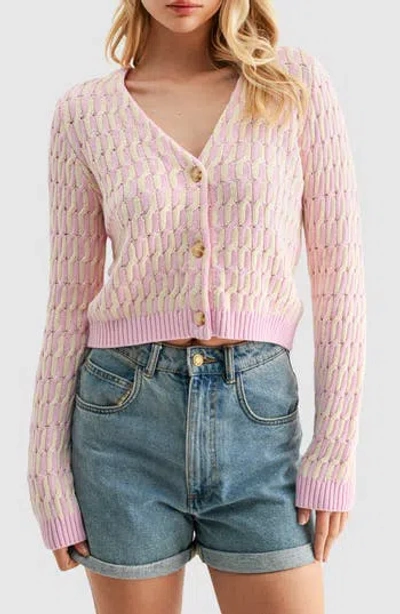 Lush Cable Knit Contrast Cardigan In Pink Butter