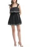 Lush Cherry Embroidered Popover Minidress In Black