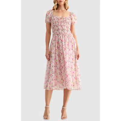 Lush Chiffon Smocked Midi Dress In Pink