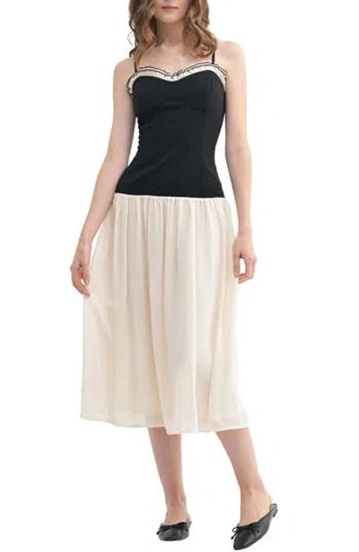 Lush Colorblock Ruffle Midi Dress In Black Beige