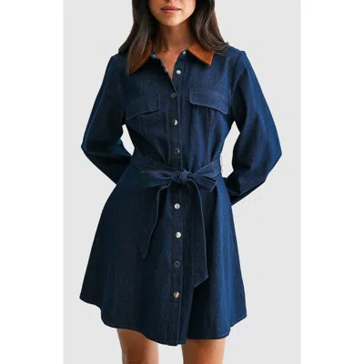Lush Contrast Collar Denim Minidress In Blue