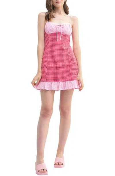 Lush Contrast Gingham Minidress In Red Pink