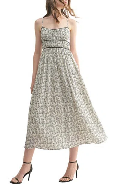 Lush Contrast Piping Floral Midi Dress In Cream Black