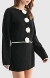 Lush Contrast Rosette Trim Cardigan Sweater In Black