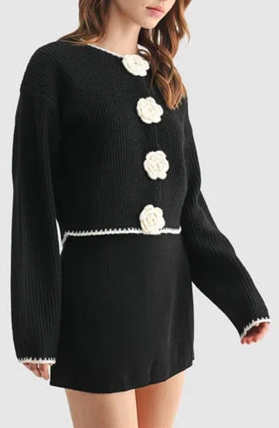 Lush Contrast Rosette Trim Cardigan Sweater In Black