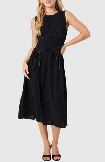Lush Contrast Stitch Sleeveless Cotton Midi Dress In Black
