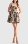 Lush Corset Tapestry Jacquard Fit & Flare Minidress In Gold