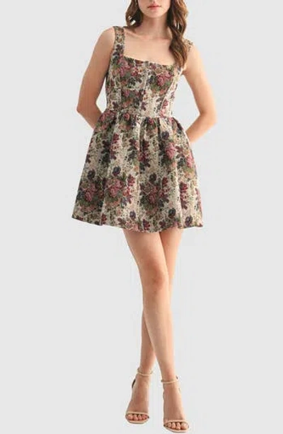 Lush Corset Tapestry Jacquard Fit & Flare Minidress In Gold