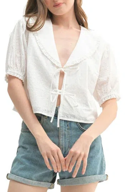 Lush Cotton Tie Front Collar Top In Off White