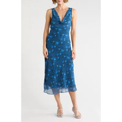 Lush Cowl Neck Midi Dress In Blue Floral