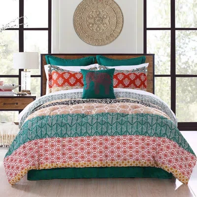 Lush Decor Bohemian Turquoise/orange Microfiber Reversible 7 Piece Comforter Set In Orange;turquoise