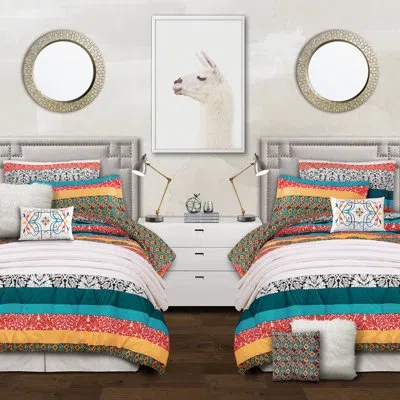Lush Decor Boho Stripe Turquoise/tangerine Microfiber Reversible Comforter Set In Turquoise,tangerine