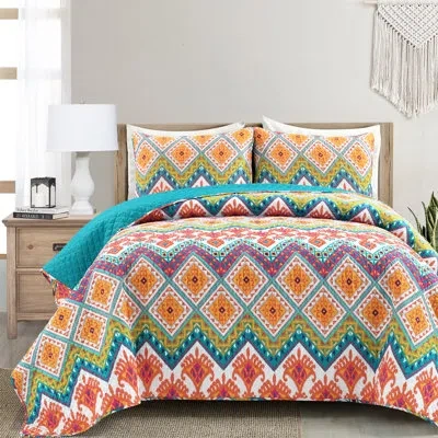 Lush Decor Boho Turquoise/orange/purple Standard Cotton Reversible 3 Piece Quilt Set In Orange;purple;turquoise