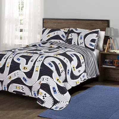 Lush Decor Car Tracks Reversible Modern & Contemporary Quilt Set In Navy