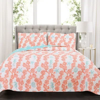 Lush Decor Dina Coral Cotton 3 Piece Reversible Quilt Set In Orange