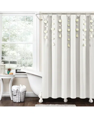 Lush Decor Fashion Boho Pom Pom Tassel Linen Shower Curtain