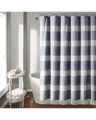 Lush Decor Fashion Tucker Stripe Yarn Dyed Cotton Knotted Tassel Shower Curtain In Blue