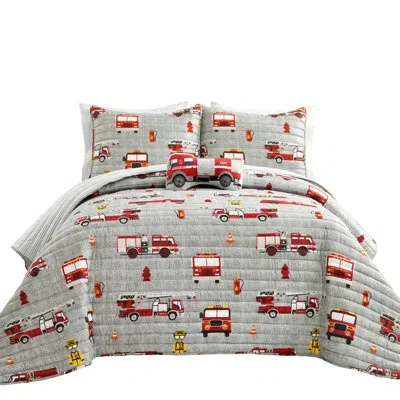 Lush Decor Fire Truck Quilt Set In Red,gray