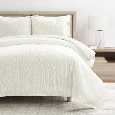 Lush Decor Jacquard Wave Duvet Cover Soft White 3pc Set