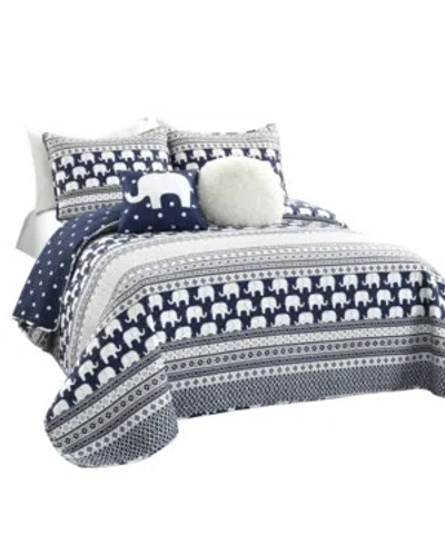 Lush Decor Elephant Stripe 5 Piece Quilt Set For Kids, Full/queen In Navy