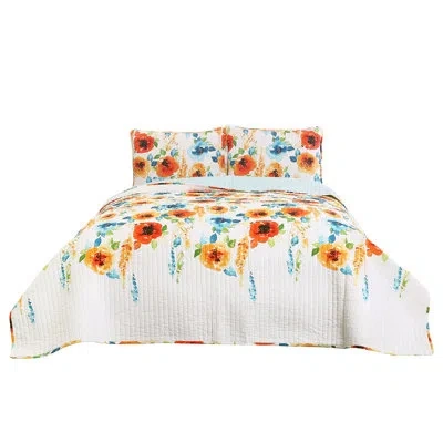 Lush Decor Percy Bloom Cotton Reversible 3 Piece Quilt Set In Blue;tangerine