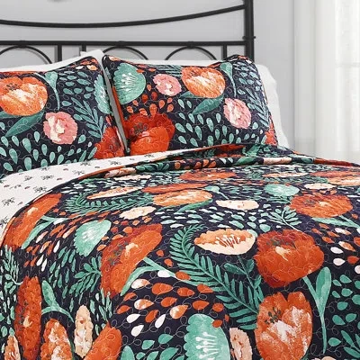 Lush Decor Poppy Garden 100% Cotton 320 Tc Reversible Traditional  3 Piece Quilt Set In Navy