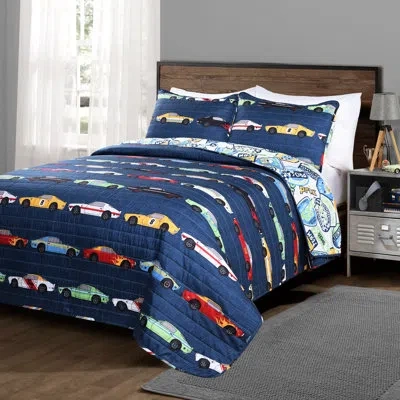 Lush Decor Race Cars Microfiber Reversible Traditional Quilt Set In Navy