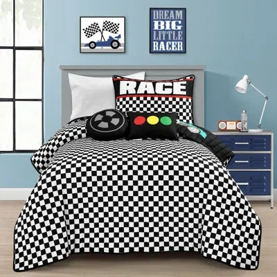 Lush Decor Racing Cars Black Reversible 4 Piece Quilt Set In White,black