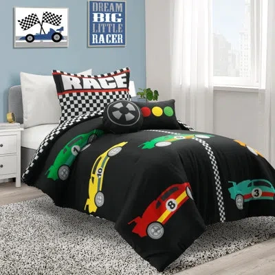 Lush Decor Racing Cars Reversible Oversized Comforter Black/multi In Black,blue,green